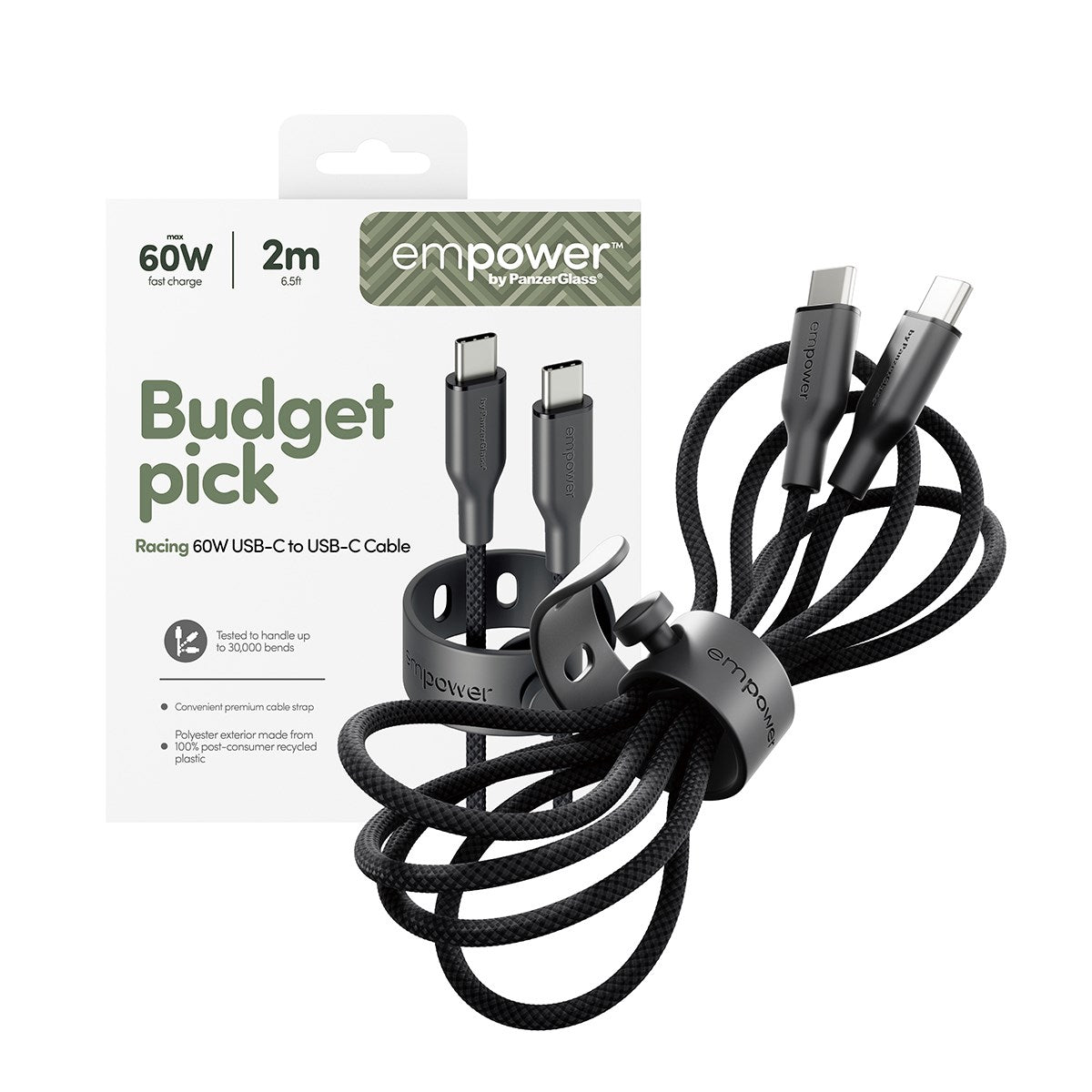 empower by PanzerGlass® Racing 60W USB-C to USB-C Kabel | USB 2.0 | 2M | Space Black